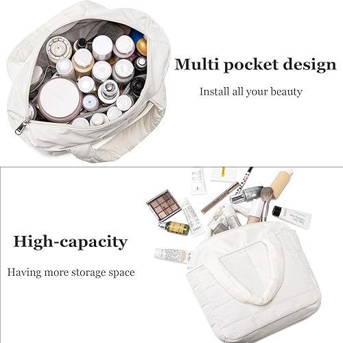 Miniatura 4 de CAMTOP Bolsa de maquillaje para mujeres y niñas, bolsa de cosméticos de pana para viaje, bolsa con cremallera, Pana beige