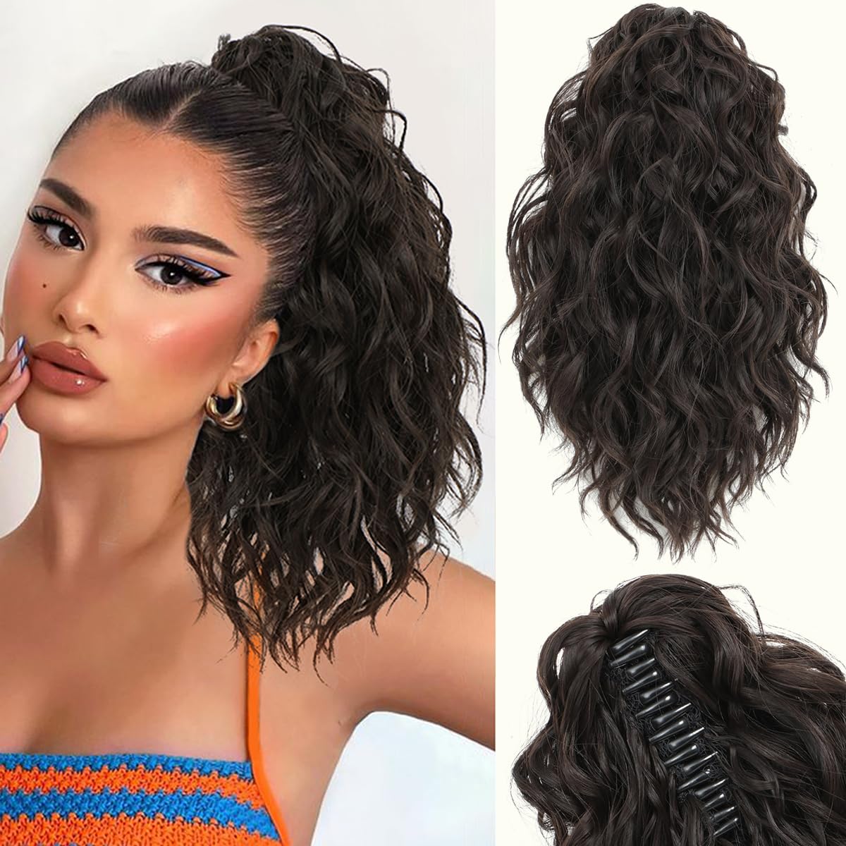 VEGALILY 12 inch Ponytail Extension Dark Brown Hair Extensions Clip in Drawstring Ponytail Short Curly Claw Clip Ponytail Hair Extensions Synthetic Hair Pieces for Women for Daily Use