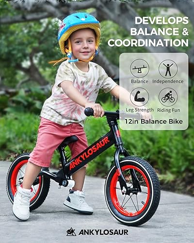 Miniatura 6 de Ankylosour Bicicleta de equilibrio de 12 pulgadas para niños de 2.5 a 5 años, elegante marco de aluminio ultraligero de 7.2 libras, neumáticos