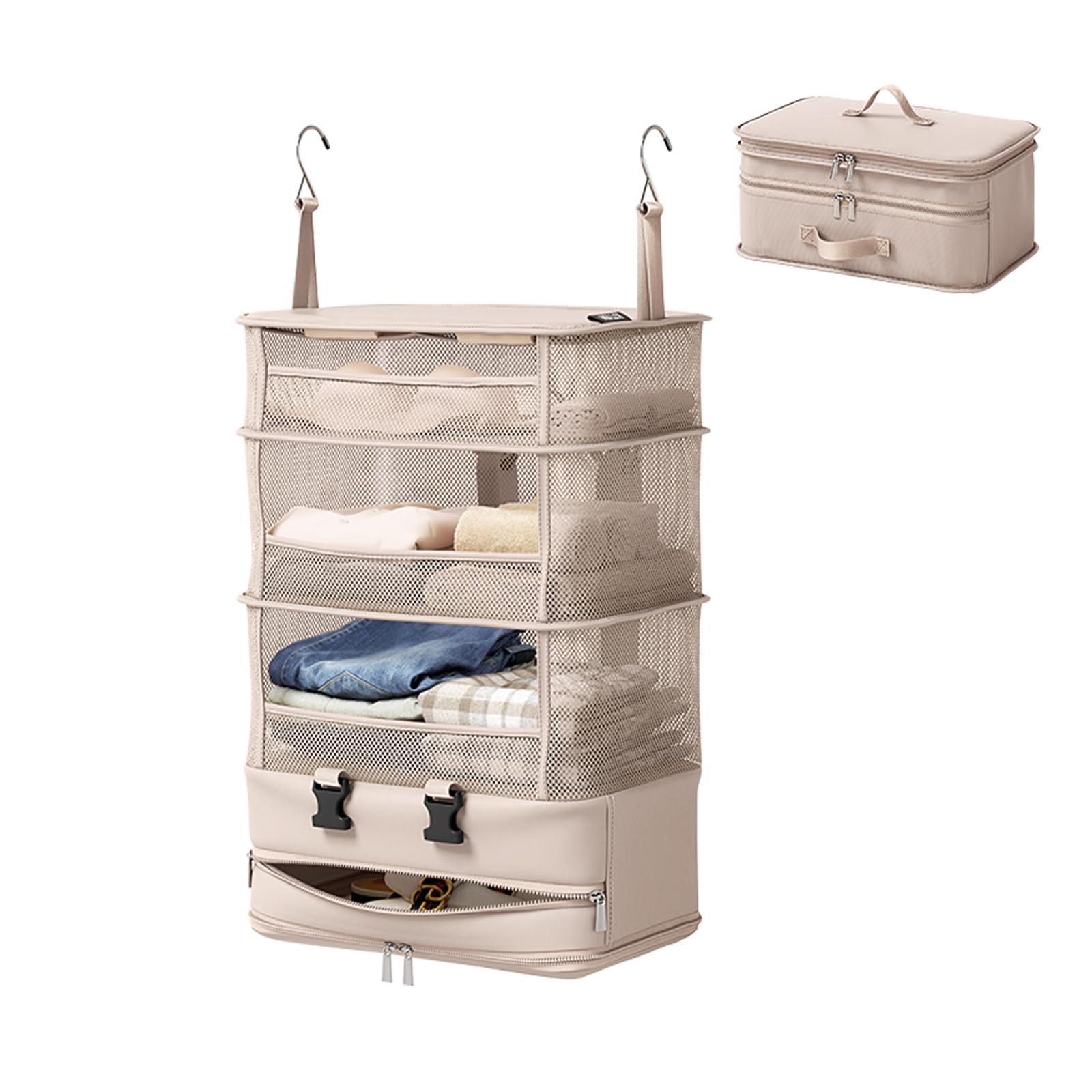 ACESOME Compression Koffer Organizer, 5 Schichten, Polyester, Beige-Pink, mit Haken und Reißverschluss, Camping Organizer Hängend, Faltbar Regal Handgepäck, Großes Fassungsvermögen