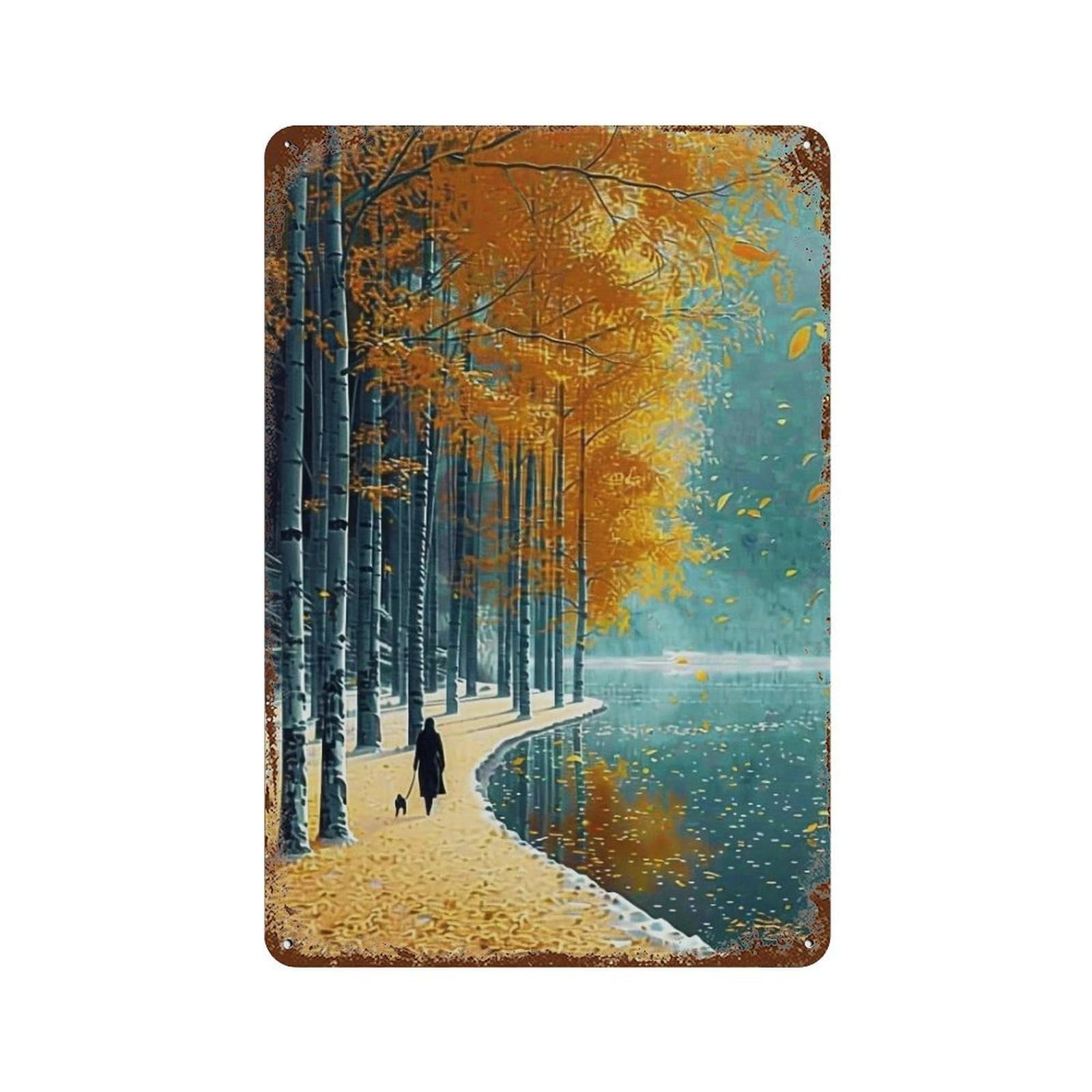 WUJHGRSG Impasto Autumn Riverside Stroll Scene 01 Wall Art Retro Iron Vintage Metal Tin Sign Poster Modern Decor for Home Cofffee Club Bar Shop Style 30x20cm
