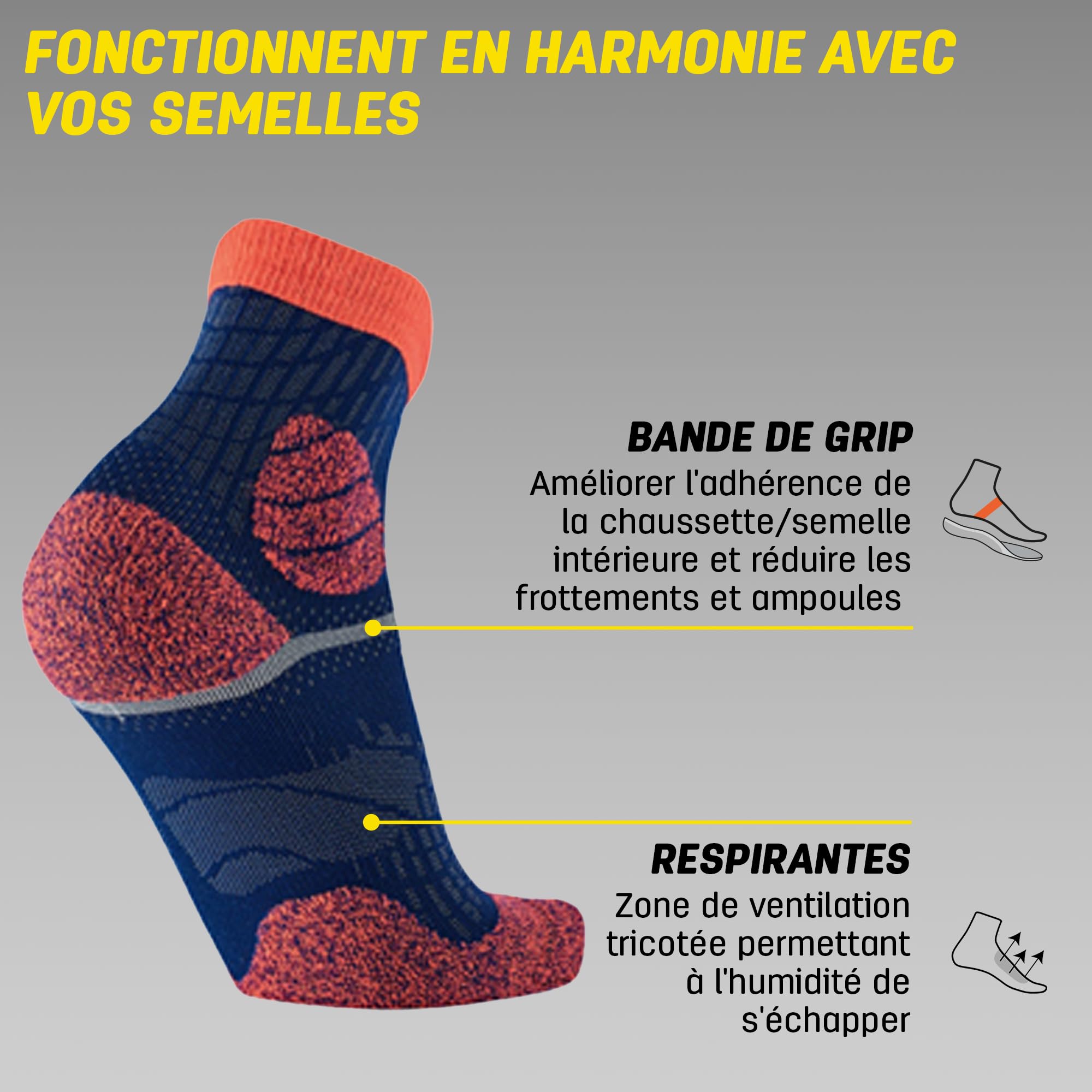Sidas Lot de 2 Paires Chaussettes de Trail et Course à Pied, Trail Protect, Grip Anti-Dérapant, Tricotage aéré, Protection orteils, Homme et Femme