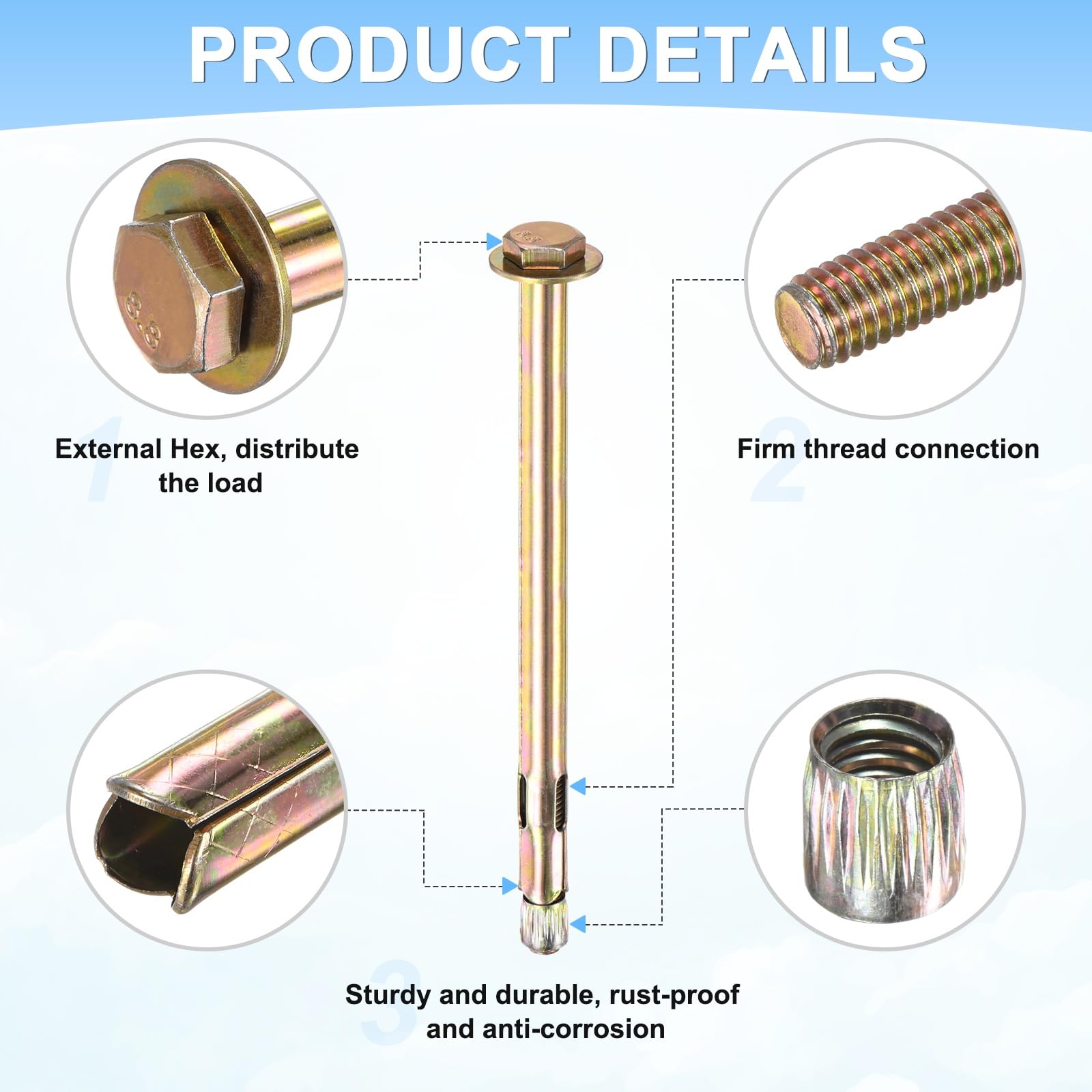 M METERXITY 20pcs Bullone A Espansione Esagonale, M8x150mm Acciaio Ferro-Carbonio Zincato Colorato Bulloni A Espansione Con Chiave Da 14mm, Bullone Metallico Anti-Corrosione/Mattoni Asciutti