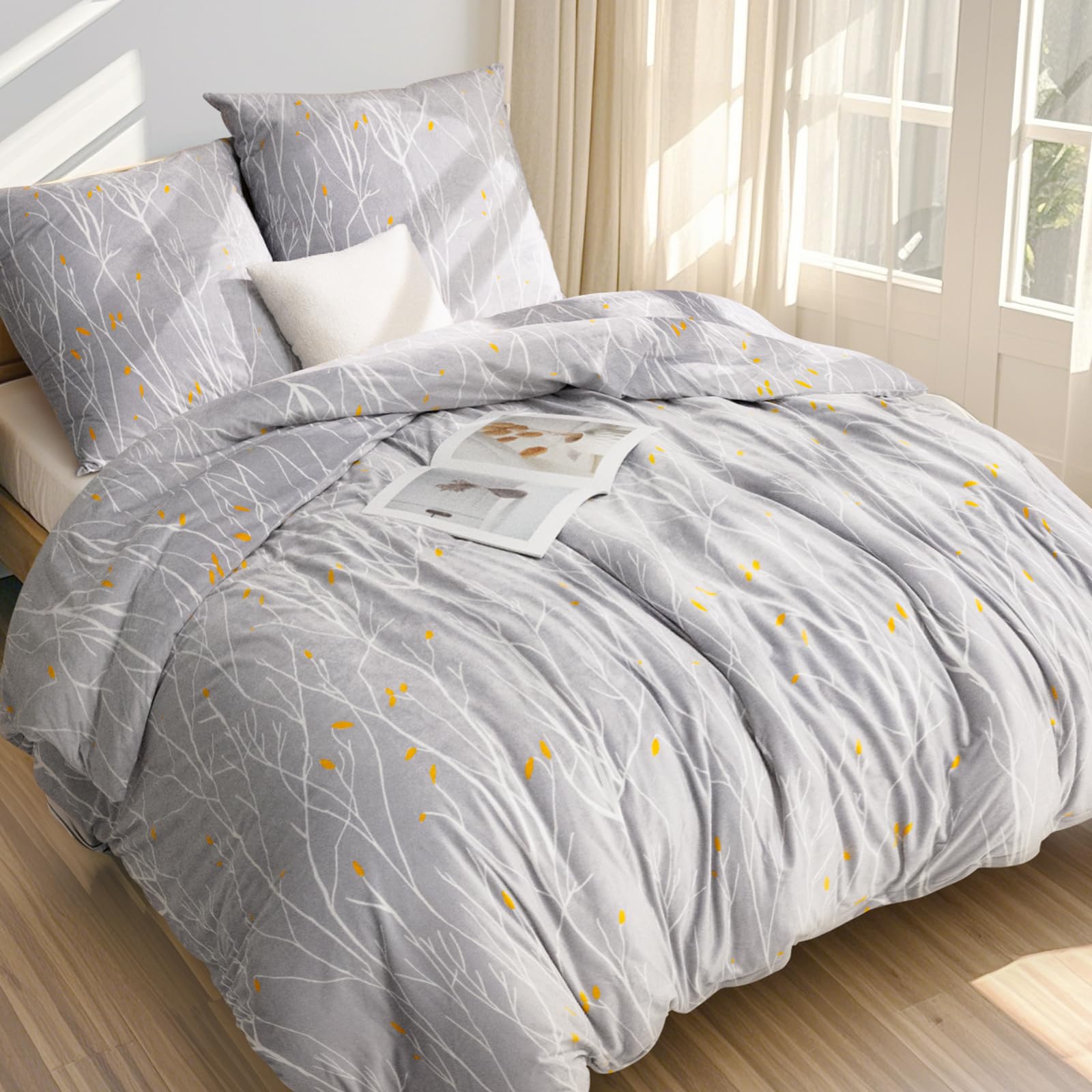 PanxHome Set Copripiumino in Velluto Cristallo 155x220 cm, Design Rami Grigi, Caldo e Morbido, Senza Pieghe, Lavabile in Lavatrice, Set Invernale per Letti Singoli e Doppi (1 Copripiumino, 2 Federe)