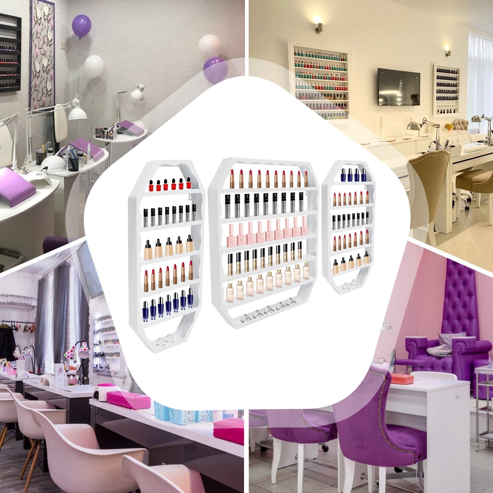 Étagère murale en métal pour vernis à ongles, rangement de vernis à ongles, étagère cosmétique, 3 pièces, 60 cm, 72 cm, pour la maison et le salon de manucure (blanc)