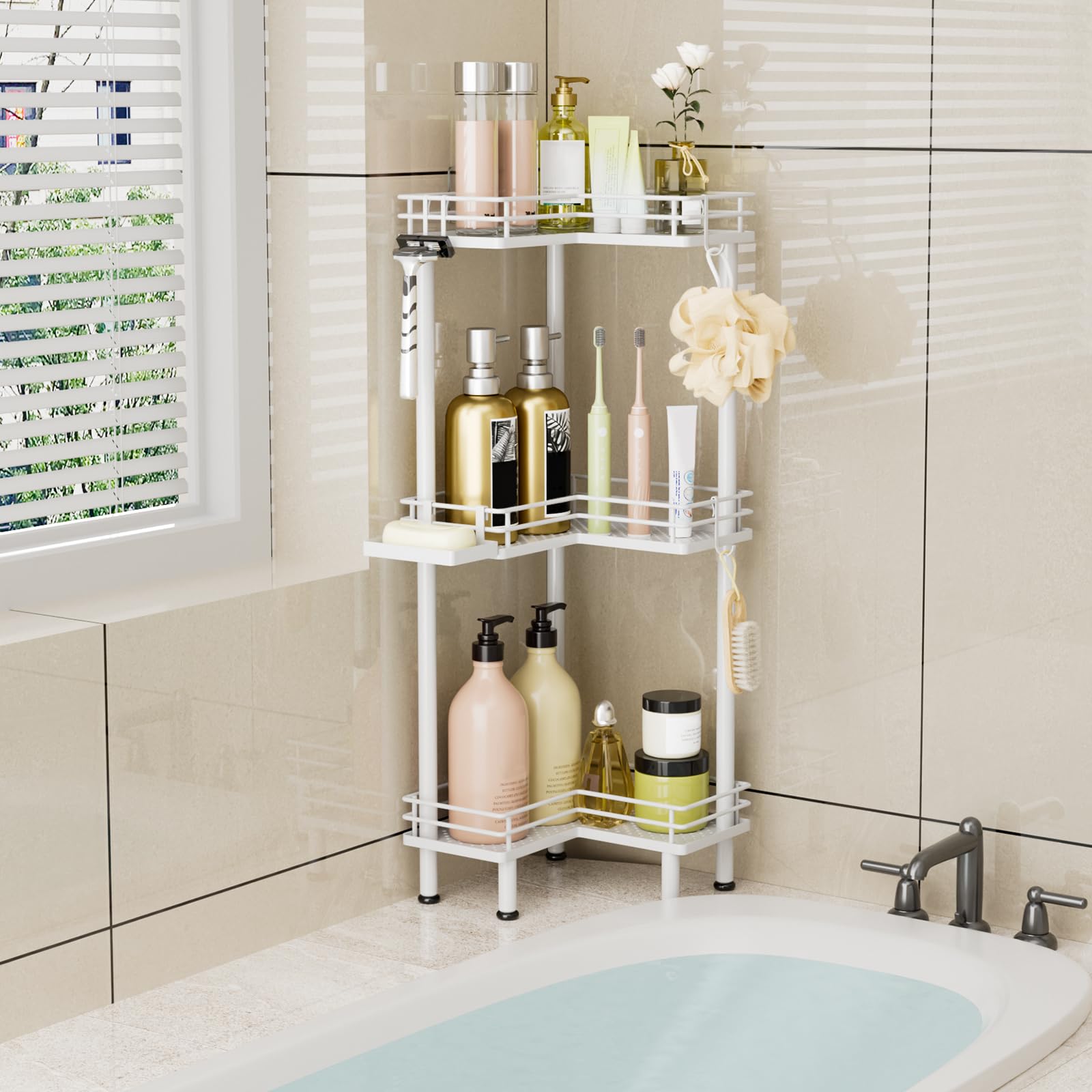 Consumest Organizador de ducha esquinero de pie – Organizador de ducha de acero inoxidable de 3 niveles con soporte para jabón y 4 ganchos, estante de esquina de ducha de gran capacidad para baño,