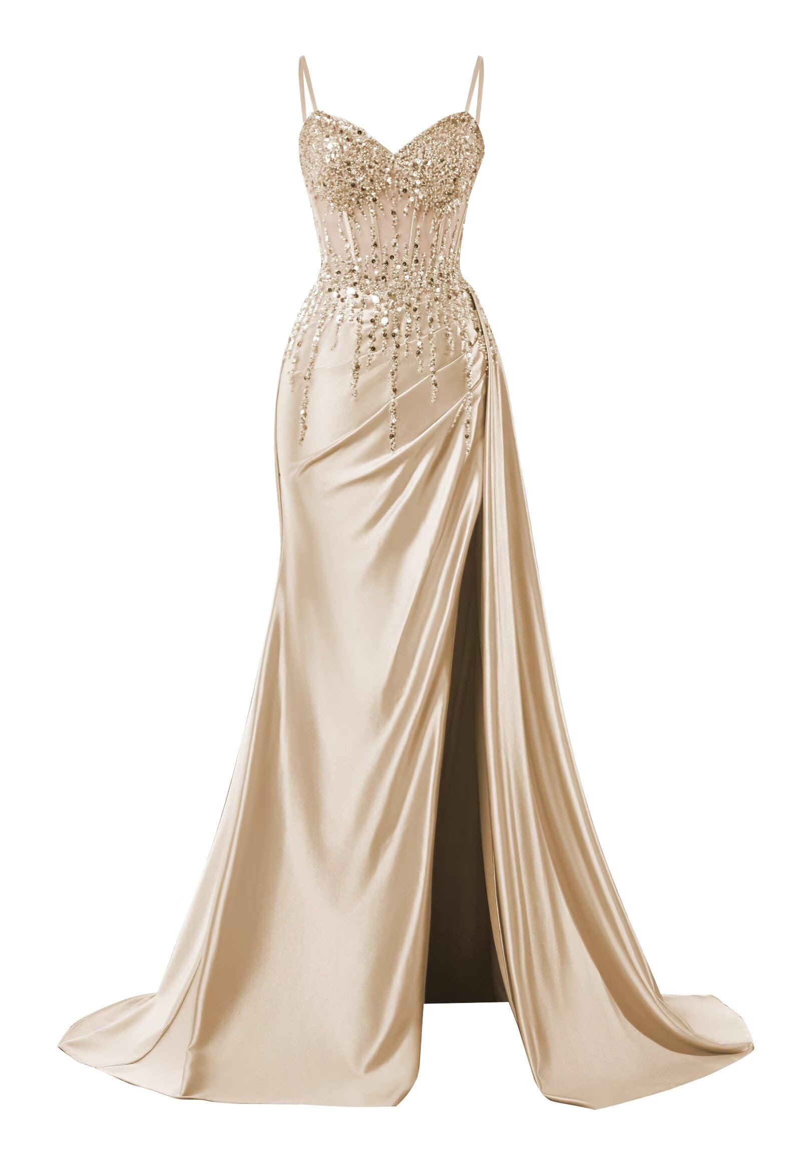 Sparkly Beaded Satin Prom Dresses with Slit Lace Appliques Spaghetti Strap Long Mermaid Evening Gown