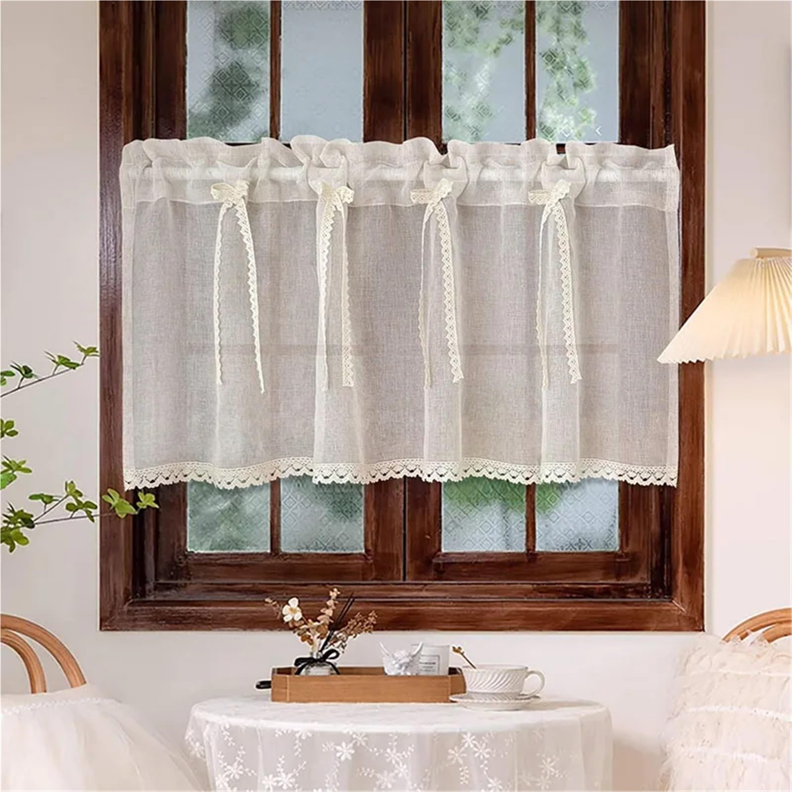 AIQIJOHI Short Curtains Short Sheer Curtain Beige Bow With Crochet Lace Bottom For Kitchen Living Room Bedroom Home Decor(140x45cm-1Piece)