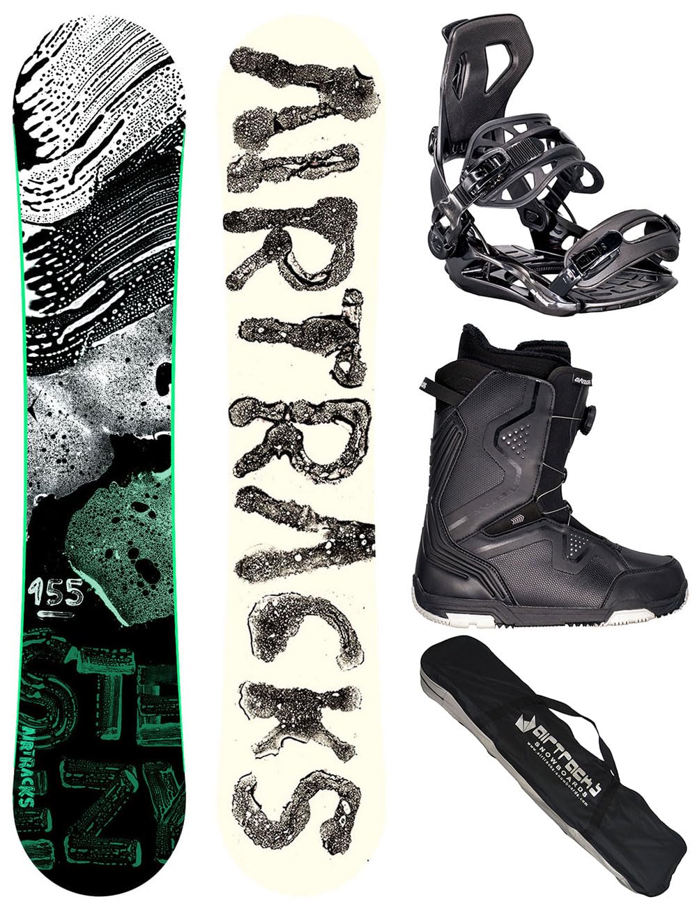AIRTRACKS Snowboard Set Pack Planche Steezy Wide Hybrid Rocker + Fixations Master + Chaussures + SB Sac 145 150 155 160 cm