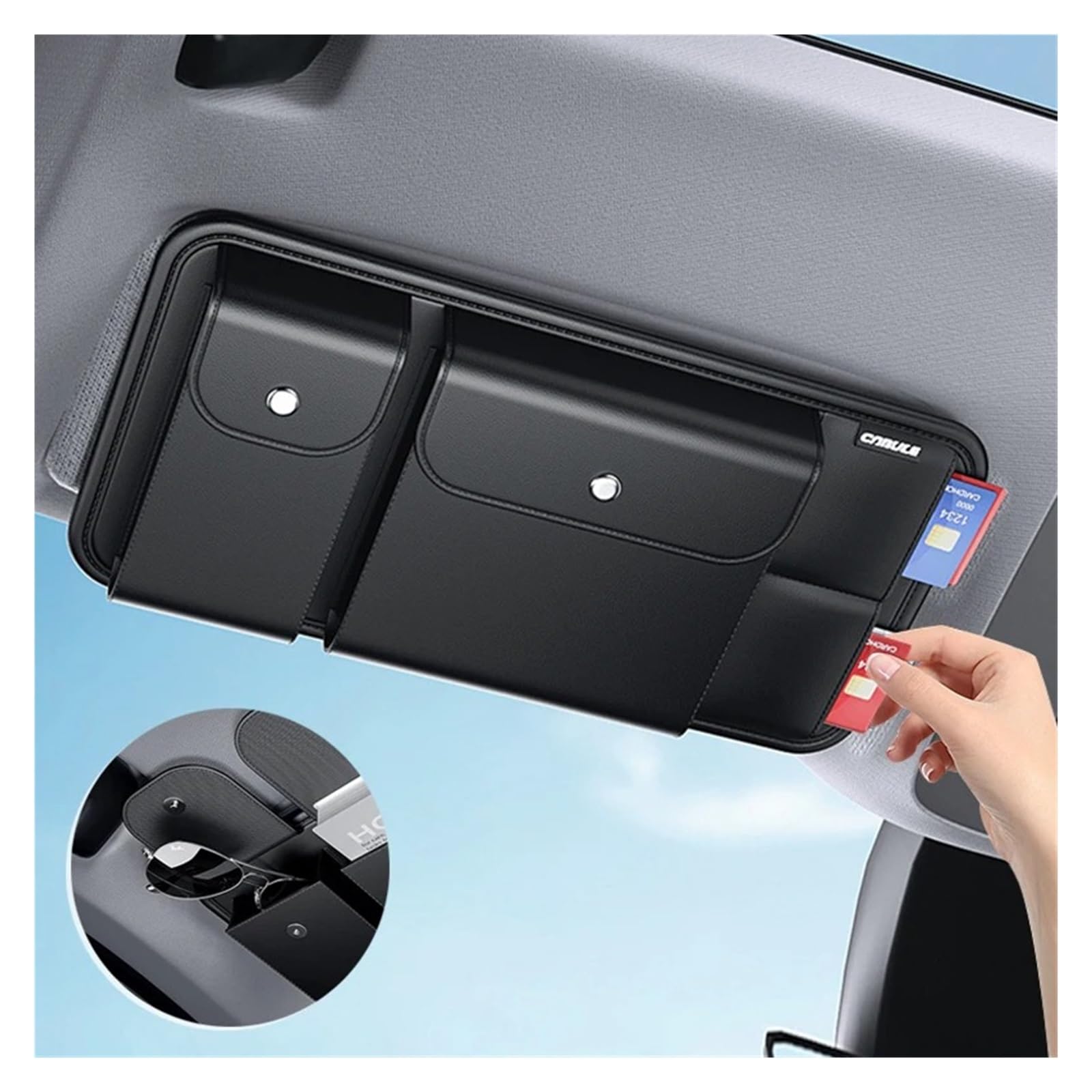 Porte‑Lunettes Intérieur Voiture Organisateur De Pare-Soleil Voiture en Cuir Multi-Poches Clip Rangement pour Lunettes Porte-Lunettes Soleil Sac Panneau Universel