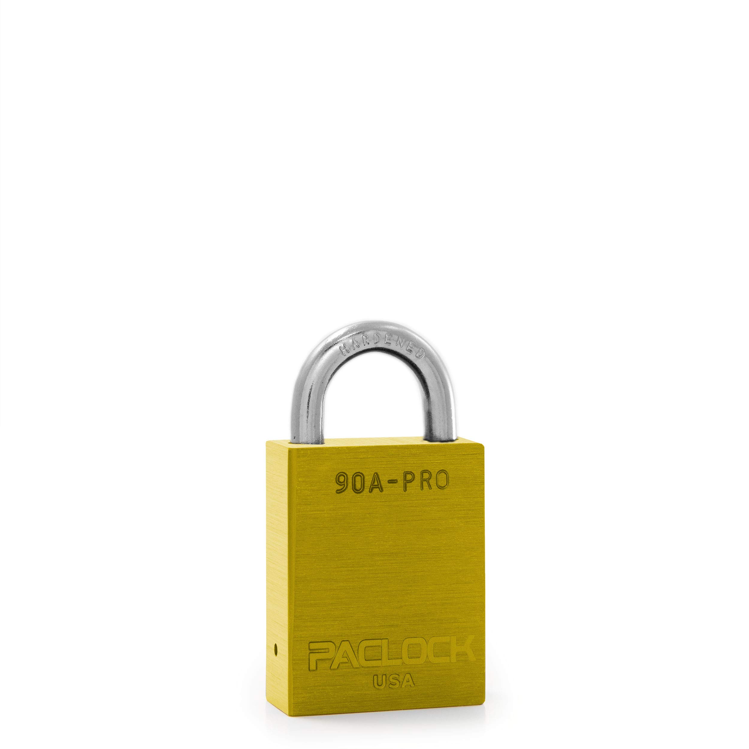 PACLOCK's 90A-PRO Padlock, 1/4" Diameter Hard. Steel Shackle, 3/4" Tall, High Performance 7-Pin Cylinder w/ 1 Key, Keyed Alike, Yellow