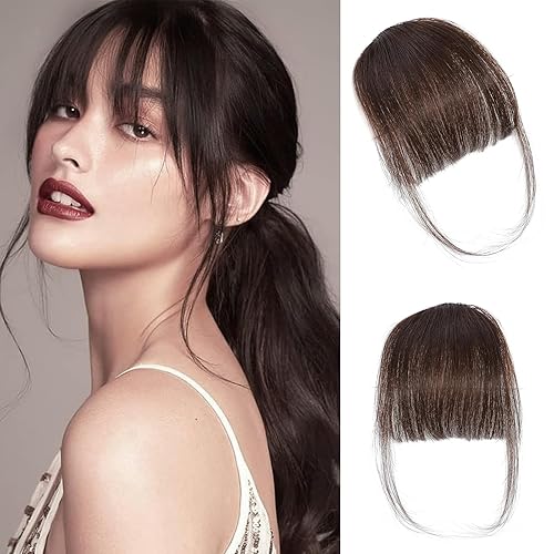 Clip In Bangs-Fake Bangs Hair Clip Dark Brown Clip On Bangs Real Human Hair Air Curtain Bangs For Women Clips Wispy Bangs Hair Extensions Fringe