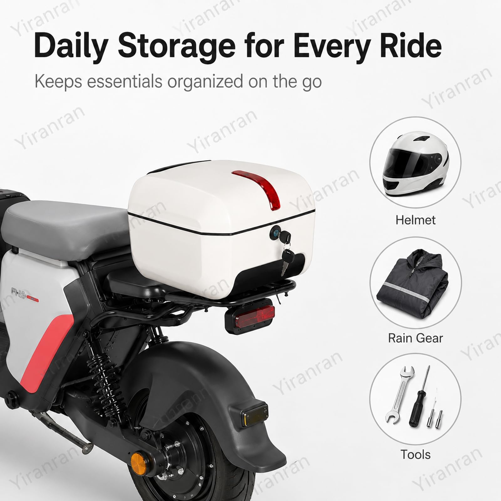Top Case Universel pour Moto Et Scooter, Coffre Arrière Verrouillable en Abs Rigide, Résistant À Leau Et Doté Dune Bande Réfléchissante, Compatible avec Vélos Électriques White