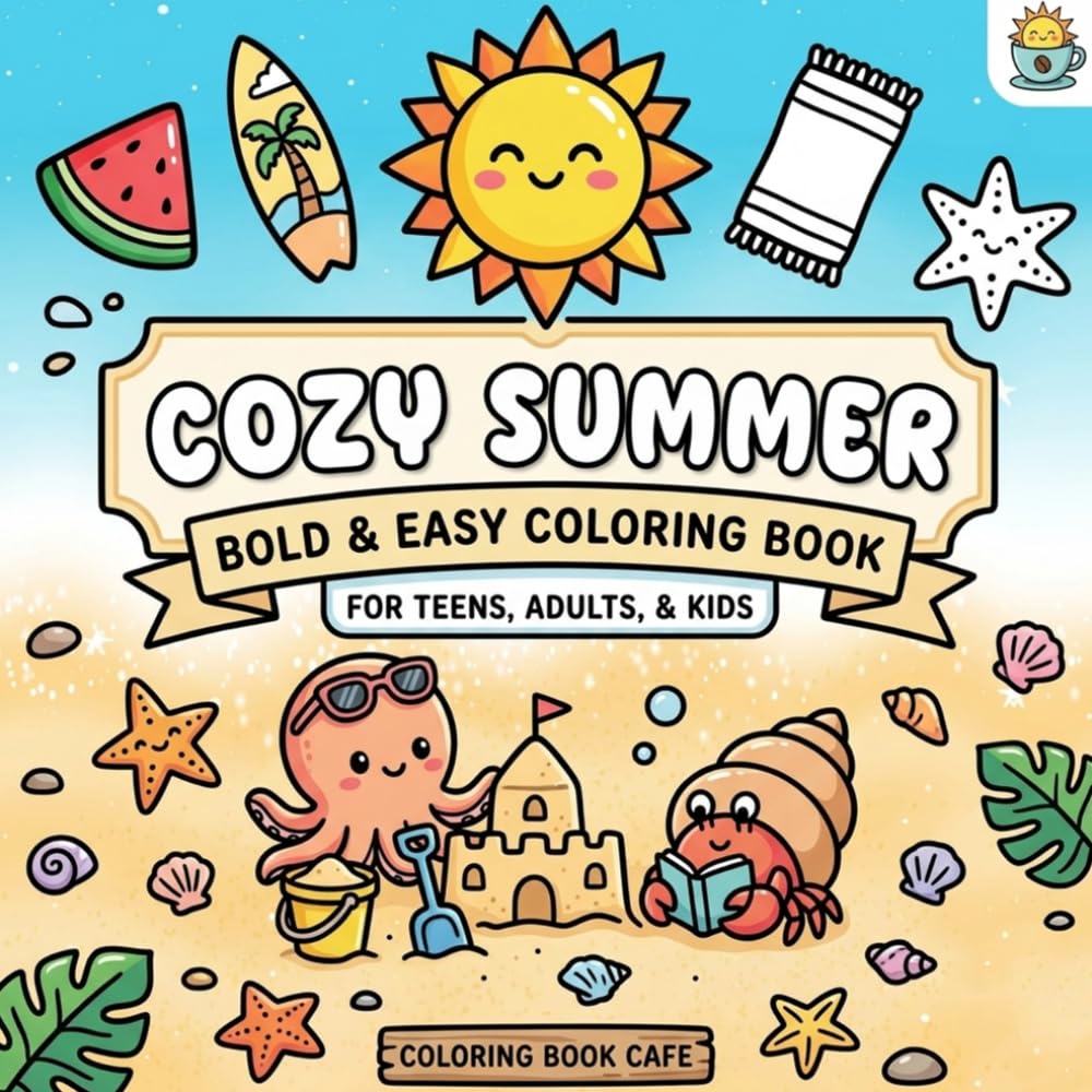 cozy summer coloring book: Bold and Easy Coloring Book for Adults and Kids with Cozy Tropical Scenes, Sweet Animals, and Sunny Adventures