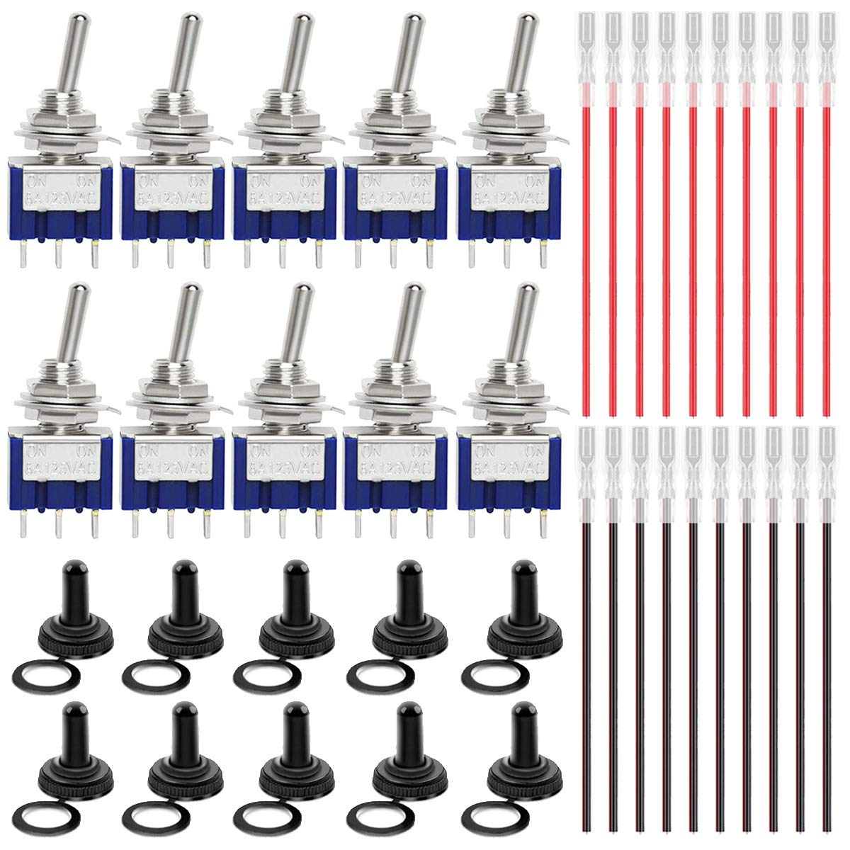 Youmile 10PCS MTS-102 Mini interruptor de palanca SPDT 3 pines 2 posiciones AC125V 6A AC250V 3A Interruptor de encendido/apagado para bricolaje con 20 piezas de terminal de crimpado con cable