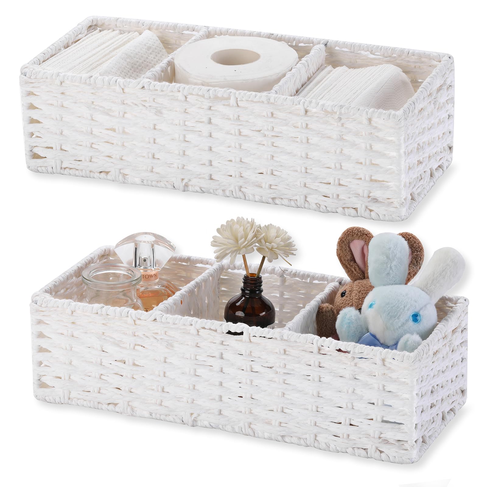 Vagusicc 3-Section Wicker Baskets for Shelves, Hand-Woven Paper Rope Wicker Storage Basket, Toilet Paper Basket for Toilet Tank Top, Baskets for Organizing Bathroom, 2-Pack, White