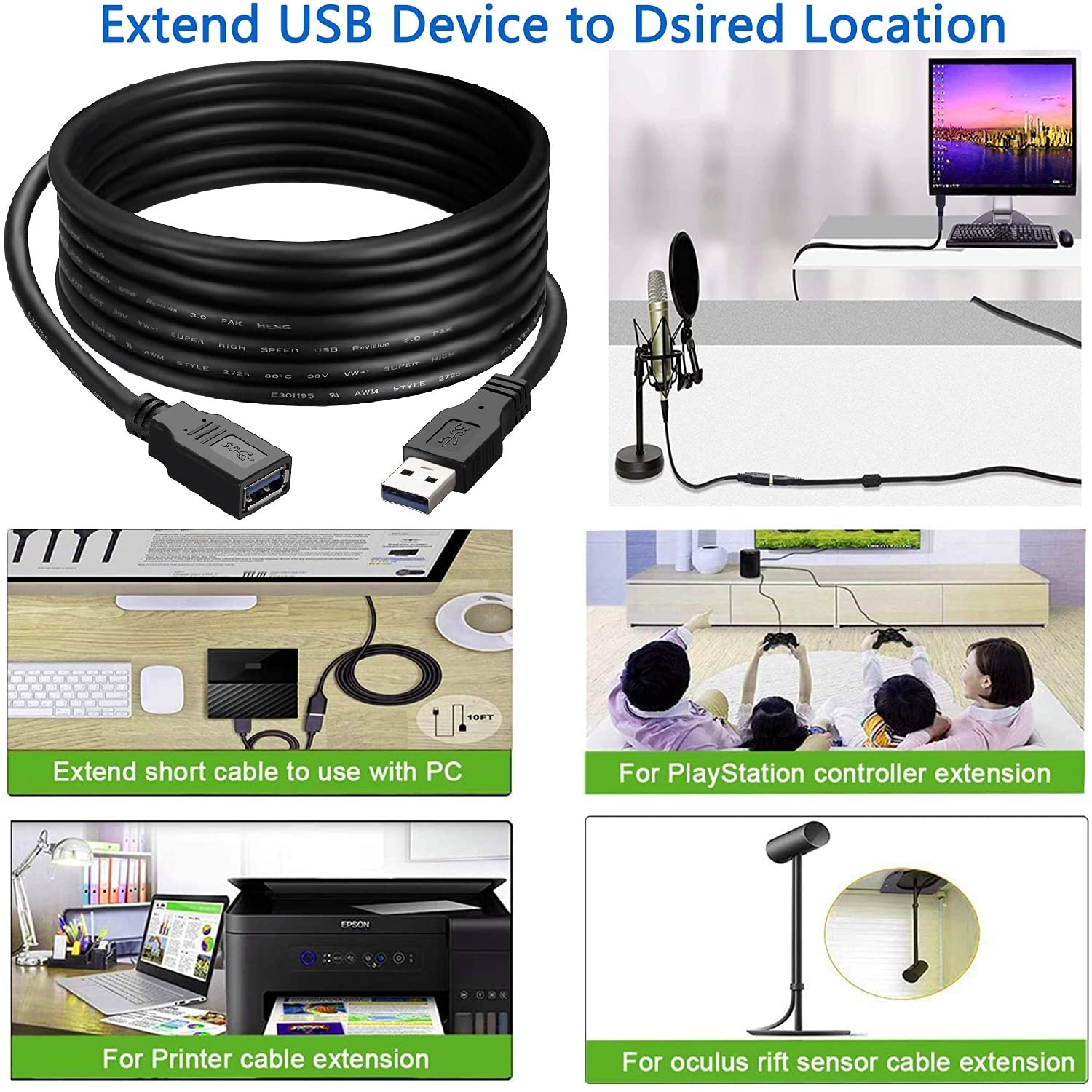 FEDUS USB Extension Cable,USB 2.0 Extension Cable,USB Extension Cable for pc,USB Cable Extension, USB Extender,USB 2.0 Extender Cable, USB 2.0 Extension Cable,USB Cable tv Connect Cable for tv, 3M — Amazon image 3