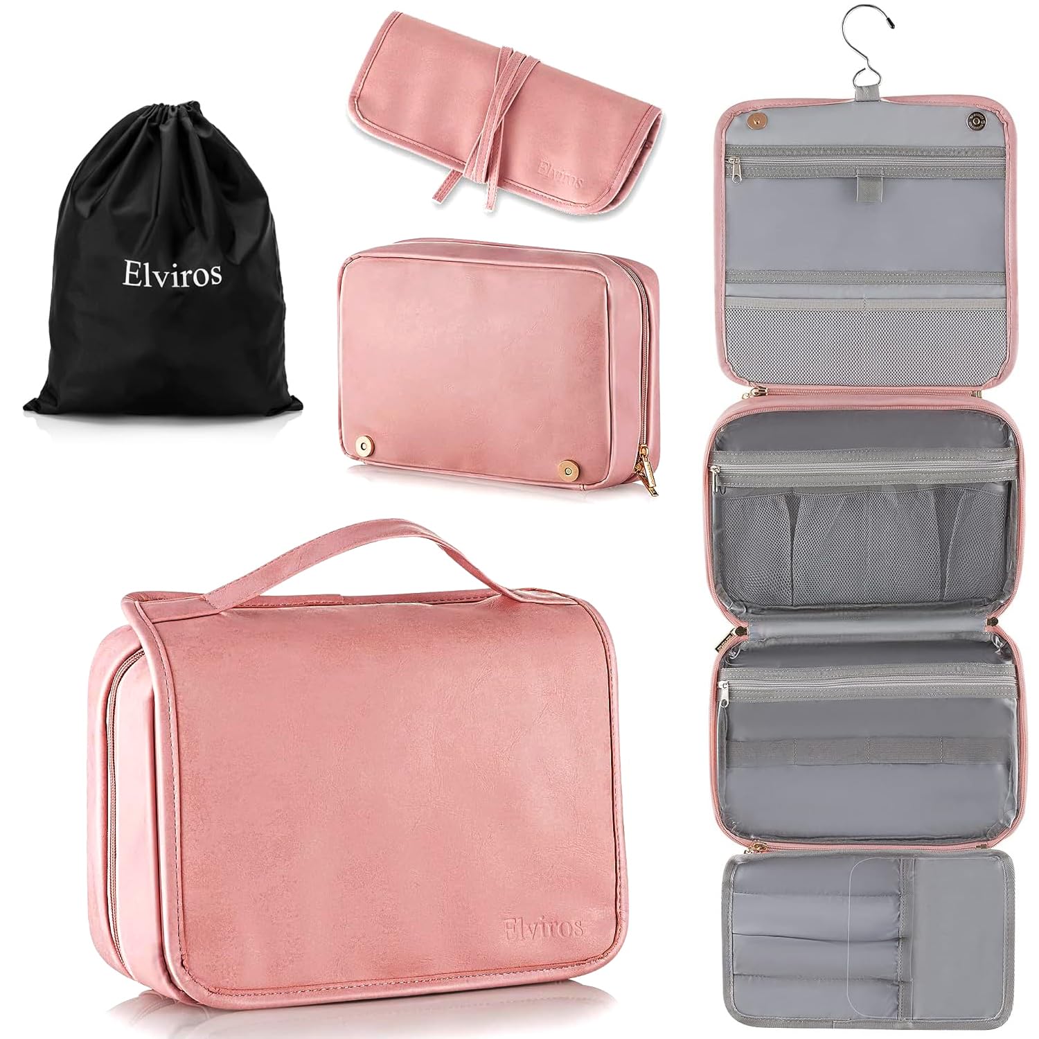Elviros Hanging Travel Toiletry Bag for Women,3-in-1 Large Makeup Bag and Cosmetic Organizer,Vegan Leather Waterproof Skincare Case for Travel Size