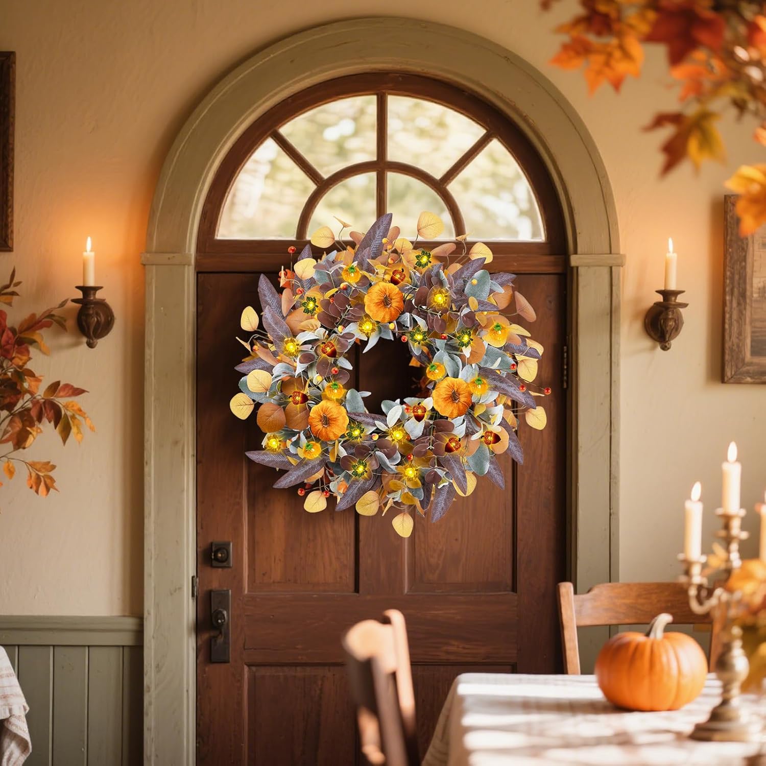Fall Wreaths for Front Door, 20" Fall Wreath with Lights, Artificial Autumn Door Wreaths-Pumpkin, Berry Branch, Mixed Leaves Decor for Home Outside Indoor Wall Harvest Festival Thanksgiving Decoration