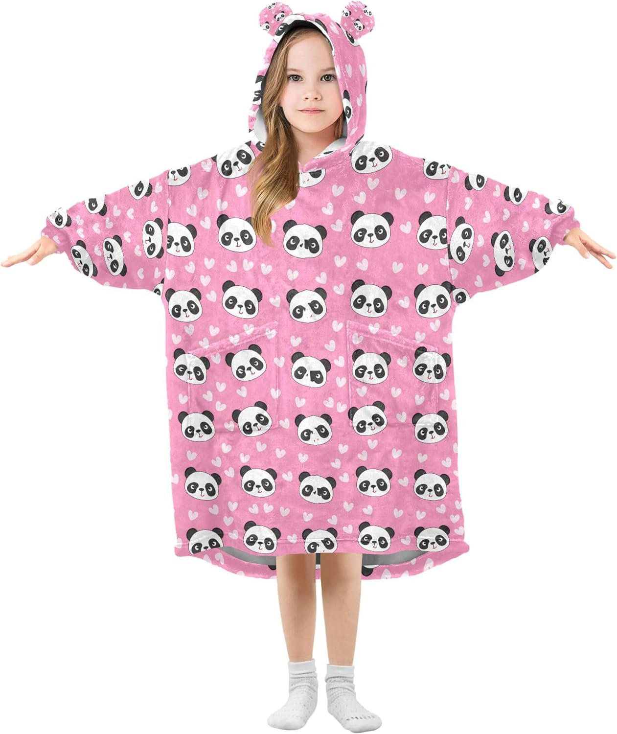 Cute Panda Kids Wearable Blanket Hoodie with Pocket and Sleeves for Toddlers, Cute Hoodies Girls Boys B0404178
