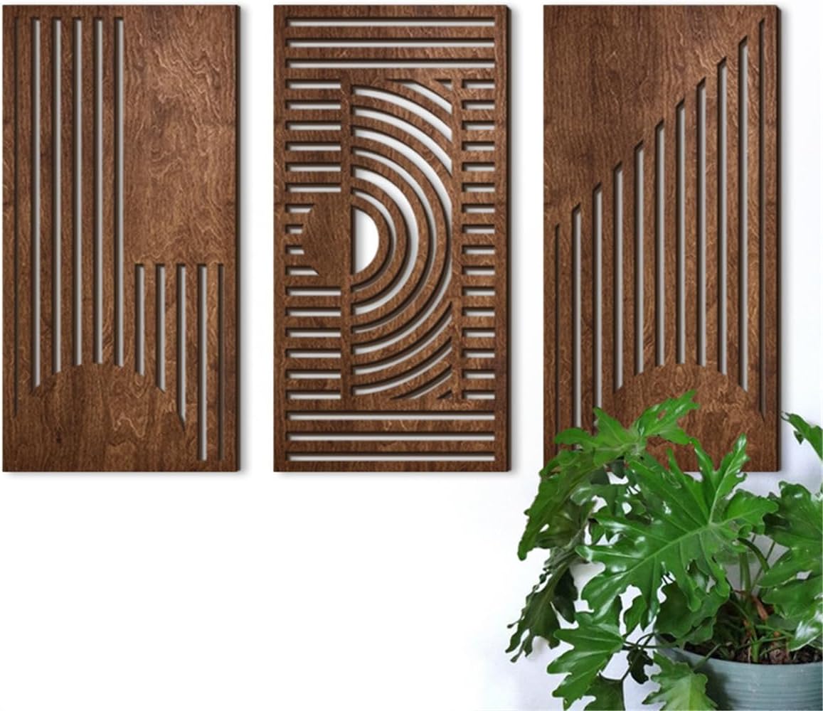 3 Pcs Geometric Wood Wall Art Decor, Wooden Minimalist Wall Hanging Decor, 3D Hollow Carved Craft Art Set, Boho Abstract Wall Sculptures Panels Decoration for Home Living Room Bedroom Kitchen (B)
