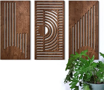 3 Pcs Geometric Wood Wall Art Decor, Wooden Minimalist Wall Hanging Decor, 3D Hollow Carved Craft Art Set, Boho Abstract Wall Sculptures Panels Decoration for Home Living Room Bedroom Kitchen B