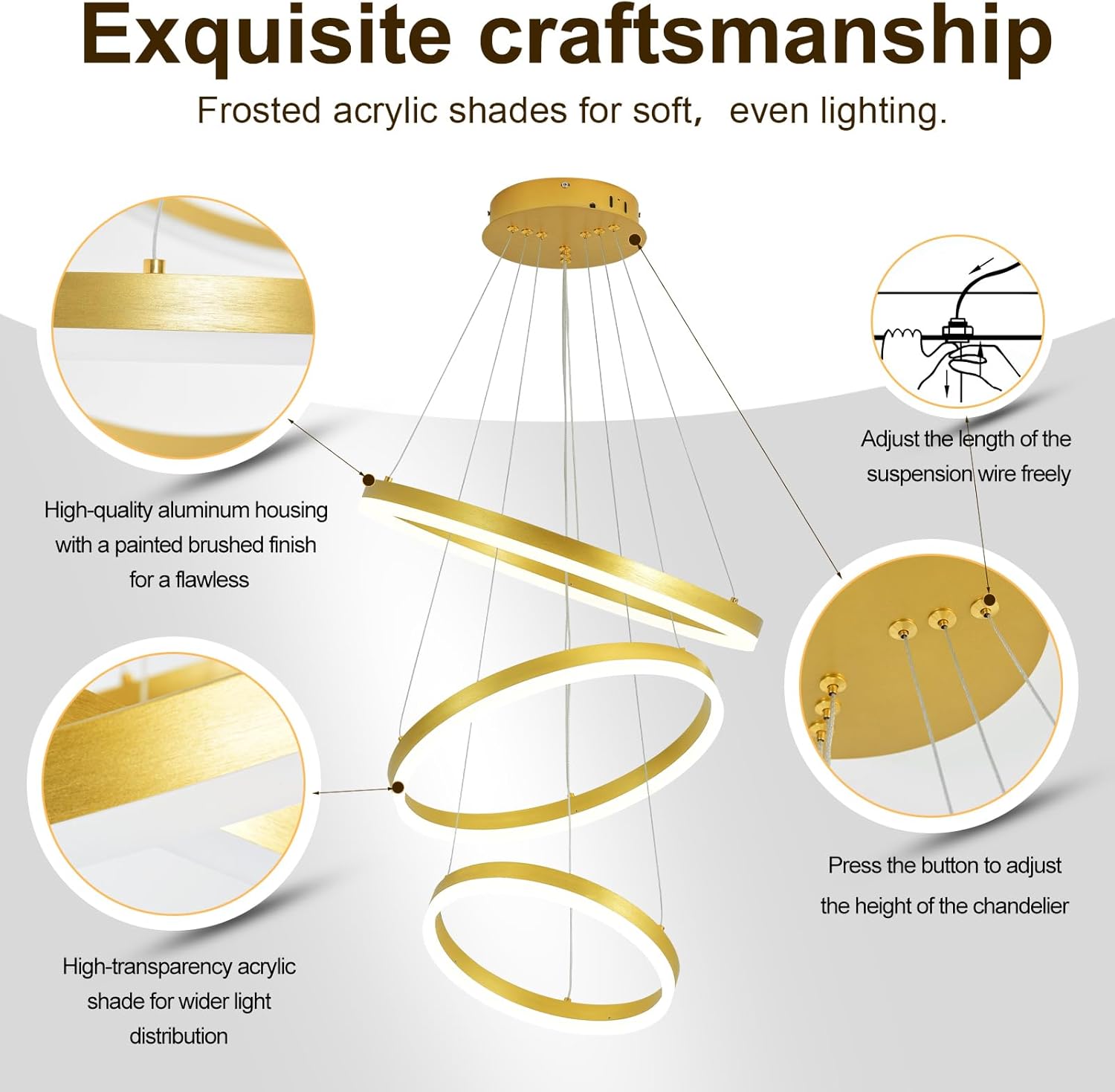 3-Ring Modern Gold LED Chandelier Dimmable Pendant Light with Remote Control Flush Mount High Ceiling Circle Light Fixture for Dining Bed Living Room Foyer 3000K-6500K