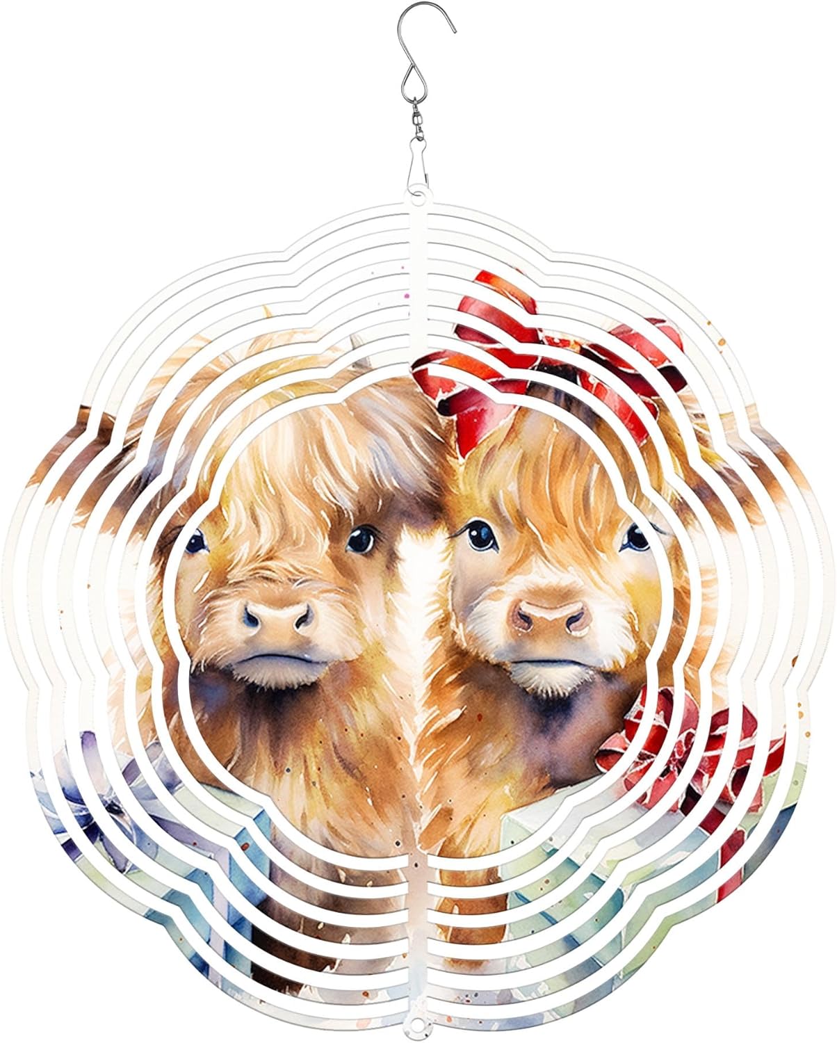Couple Highland Cows with Gifts Christmas 3D Stainless Steel Laser Cut Metal Double Sided Printing-Hanging Indoor/Outdoor Decorations Yard Gardening Decor,Metal Kinetic Art (16x16 inches)