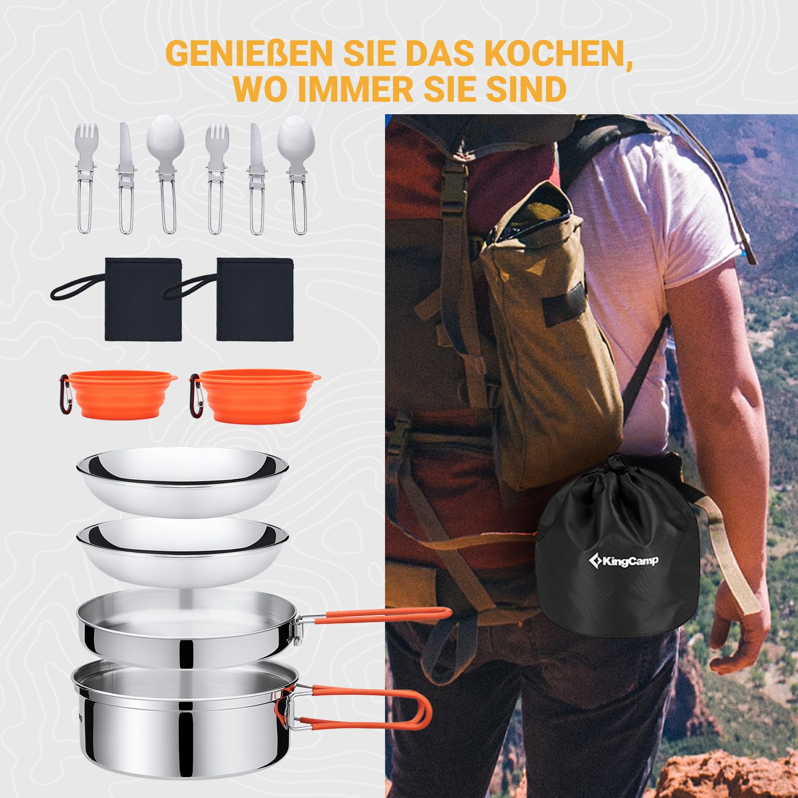 KingCamp Camping Geschirr Set, Camping Kochgeschirr aus Edelstahl, Camping Töpfe mit Faltbare Besteck, Ultraleicht Camping Topf Pfanne Set für Campingkocher