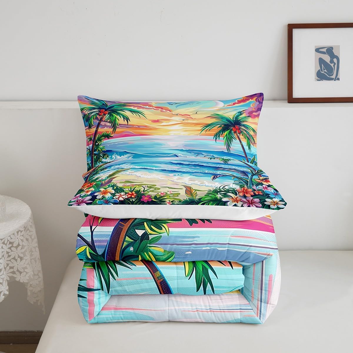 Manfei Hawaii Summer Comforter Set Full Size,Seaside Tropical Flowers Coconut Palm Trees Bedding Set 3 Pcs for Teens Young,Watercolor Sunset Sky Paint Down Comforter,Orange Blue Green,2 Pillowcases