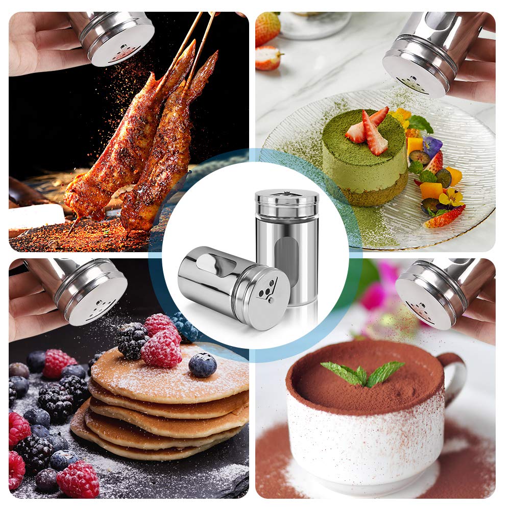 2 saleros y pimenteros, coctelera de acero inoxidable para sal en polvo, azúcar, canela, pimienta, dispensador de especias con agujeros de vertido ajustables, color plateado 7