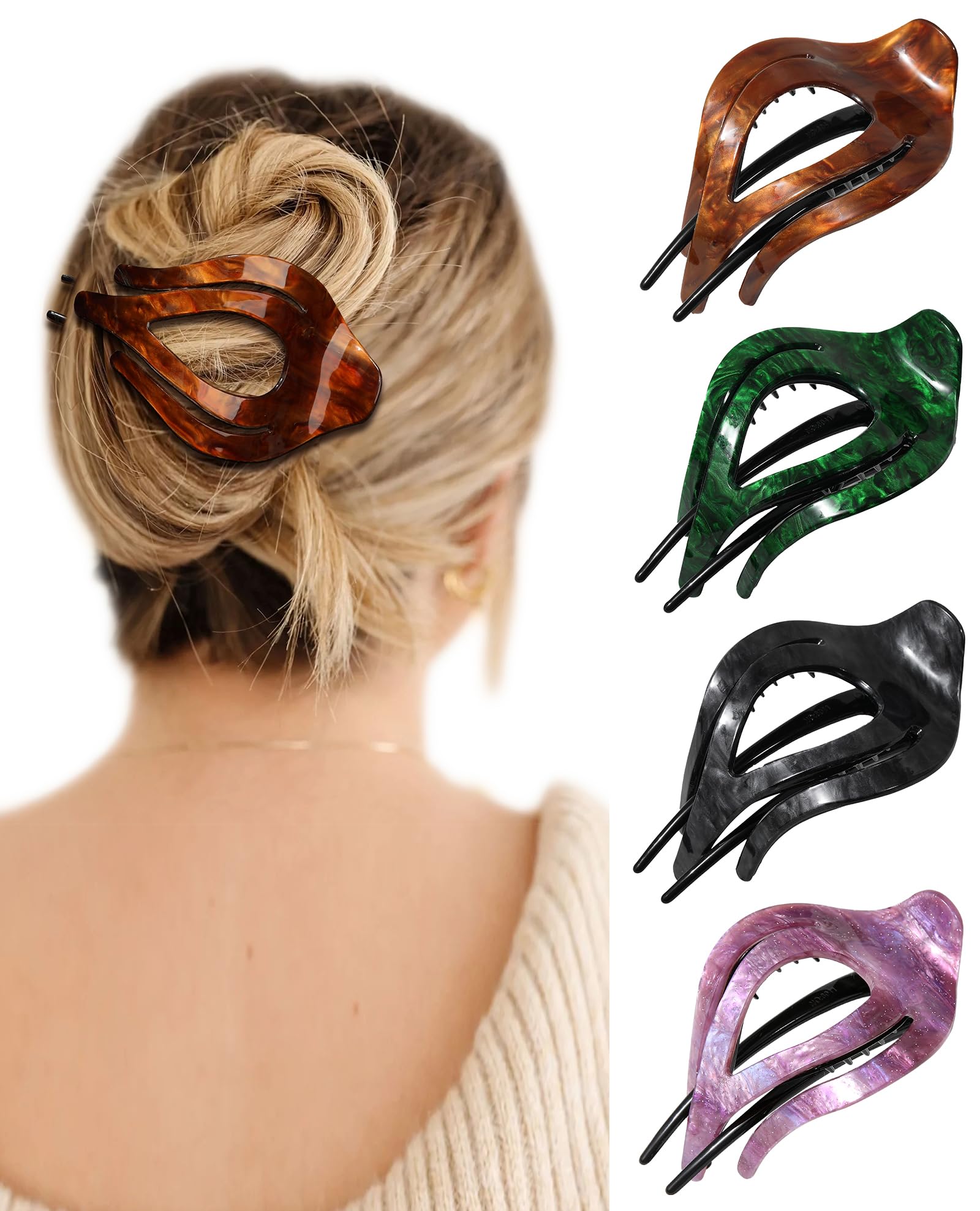 French Concord Curved Hair Claw Clips - 4Pcs Acrylic Clips for Women Thick Hair, Strong Hold (Medium, Marbling: Purple/Coffee/Grey/Green)