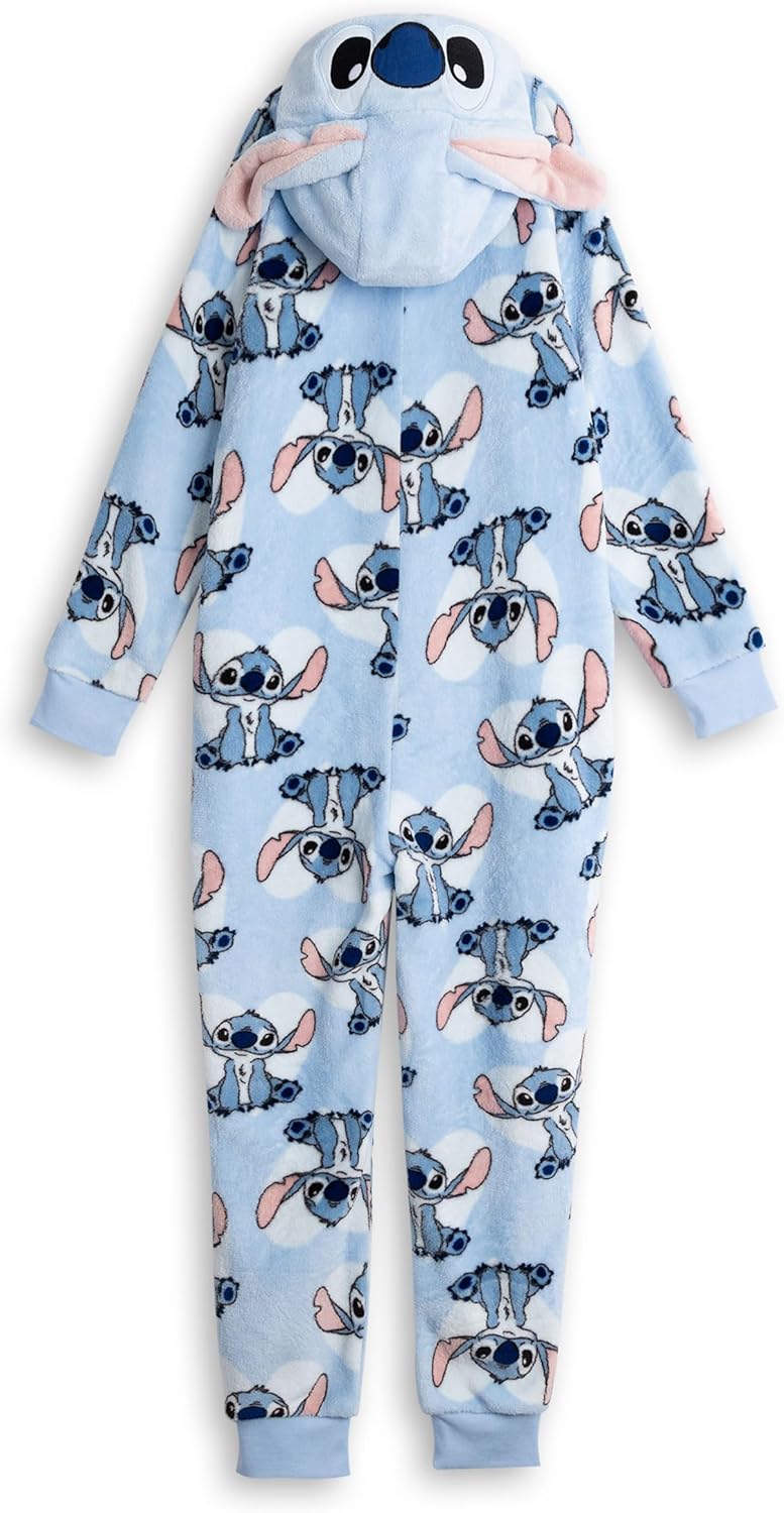 Disney Lilo & Stitch Girls Blue Onesie | Fleece Zip-Up Sleepwear with 3D Stitch Hood Long Sleeve Loungewear for Bedtime