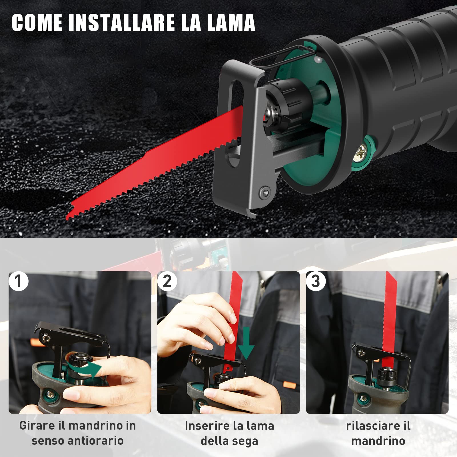 HYCHIKA Sega a Gattuccio, Seghetto A Batteria 18V, 2 batterie 2,0Ah, Velocità Variabile 0-2800 SPM, 2 Lame, Caricabatterie rapido, Luce LED, Adatto per Tagliare Legno e Metallo