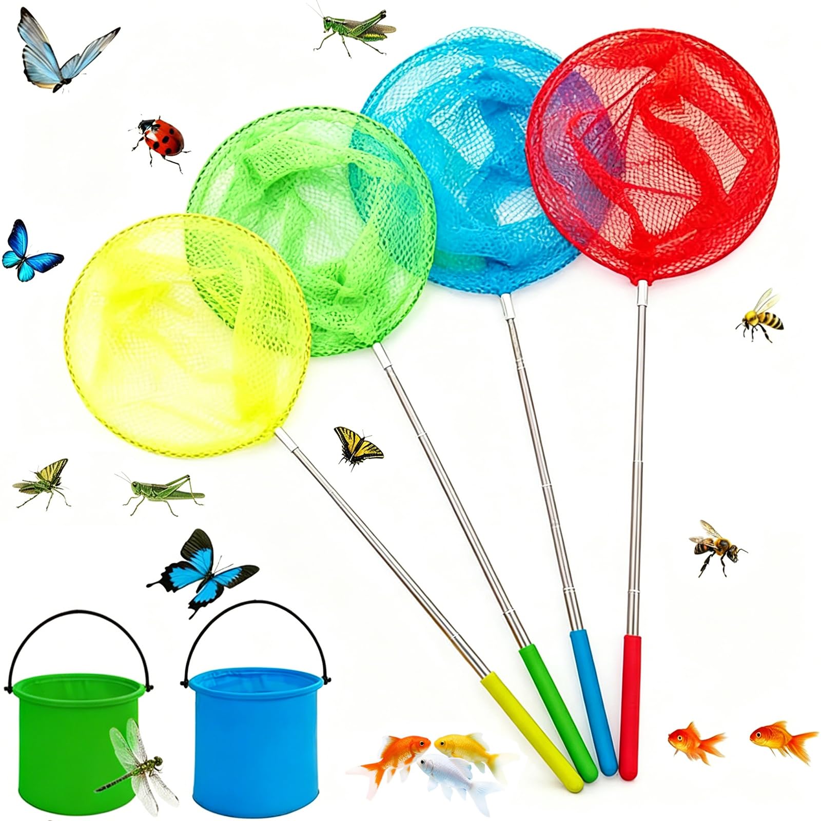 4 Pcs Extendable Fishing Nets with 2 Foldable Water Buckets Set, Telescopic Butterfly Net 37cm to 85cm, Colorful Insect & Fish Catcher with Fine Mesh, for Beach, Ponds, and Outdoor Exploration