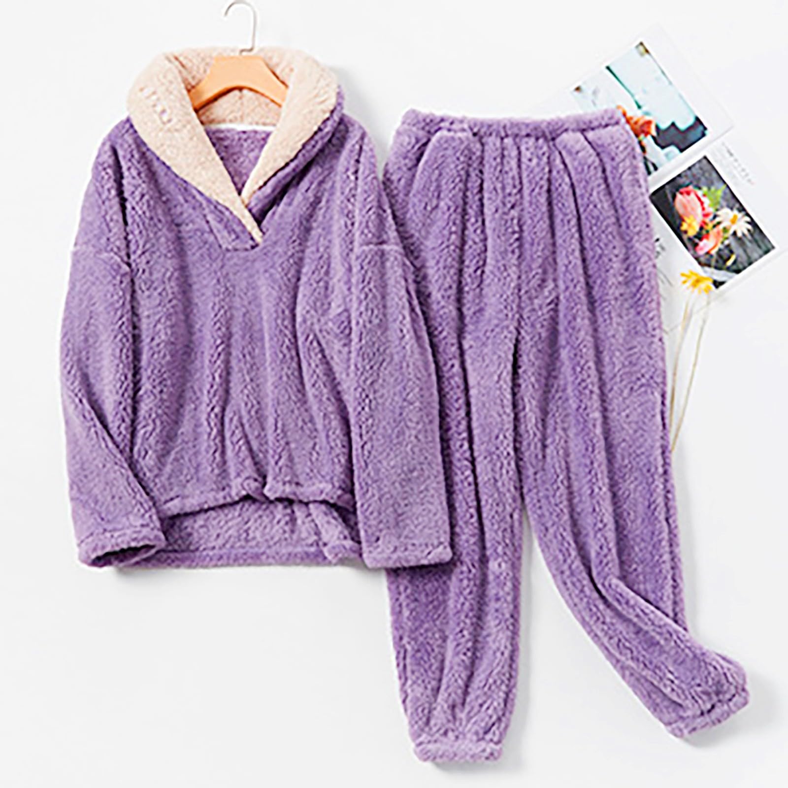 Conjunto de ropa de descanso para mujer, de forro polar, pijama esponjoso para mujer, talla grande, cuello en V, con cuello, suéter de franela, grueso, térmico, de dos piezas, cómodo, ropa de dormir