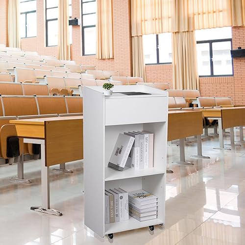 Foiry - Soporte de podio movible, atril de piso con ruedas para recepción, presentación, iglesia, aula, oficina, restaurantes, color blanco