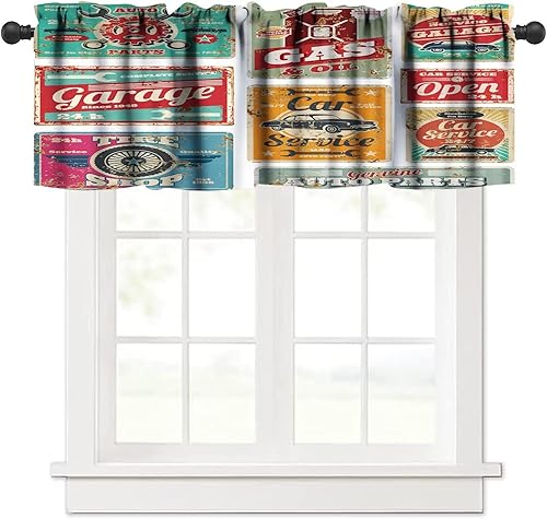 Cortina de cenefa retro de los años 50, servicio de automóvil vintage y gasolinera, letreros de metal, cortinas cortas para cocina, sala de estar,