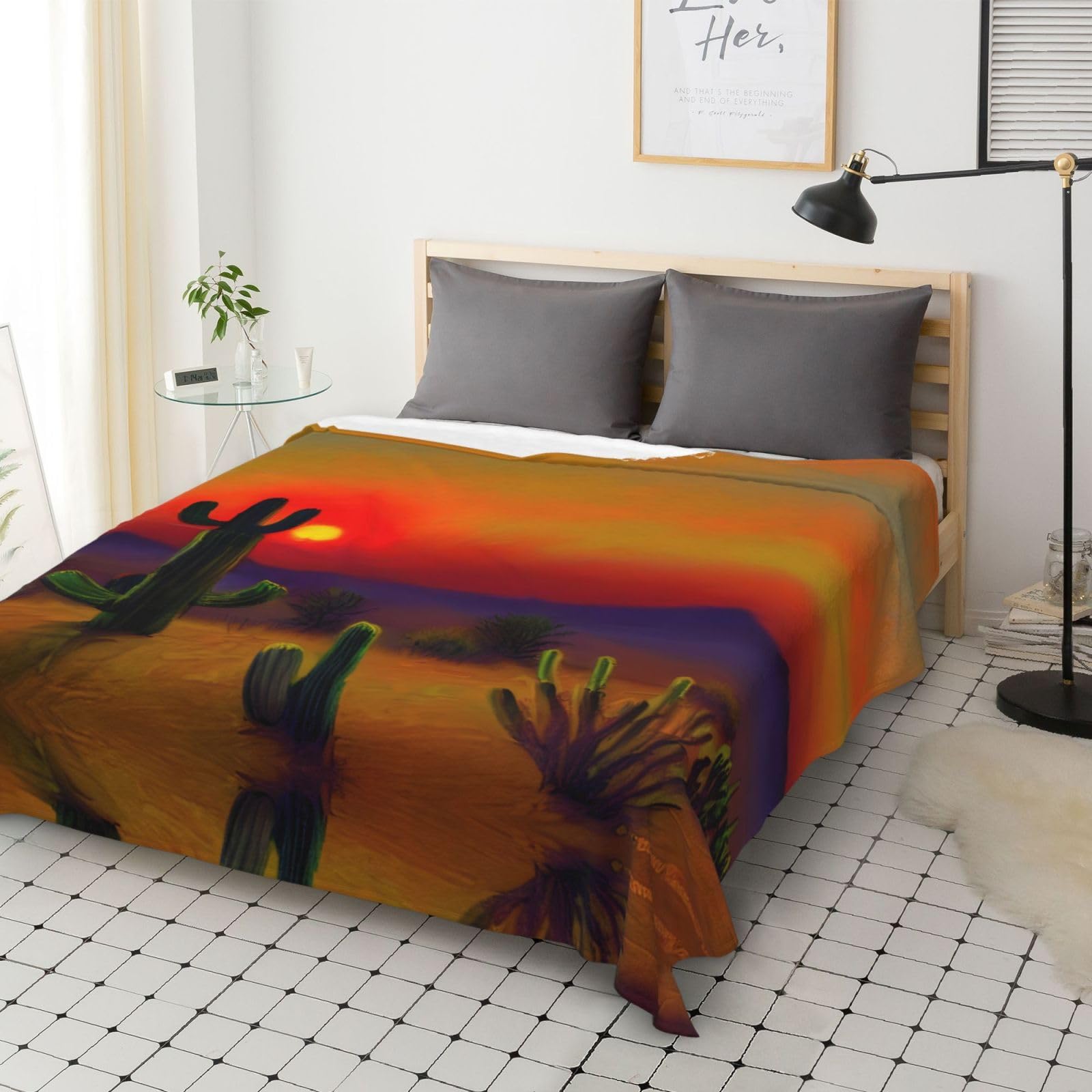 Couverture en flanelle avec imprimé cactus dans le désert - 177,8 x 203,2 cm - Confortable et chaude - Pour l'hiver - Pour camping ou voyage