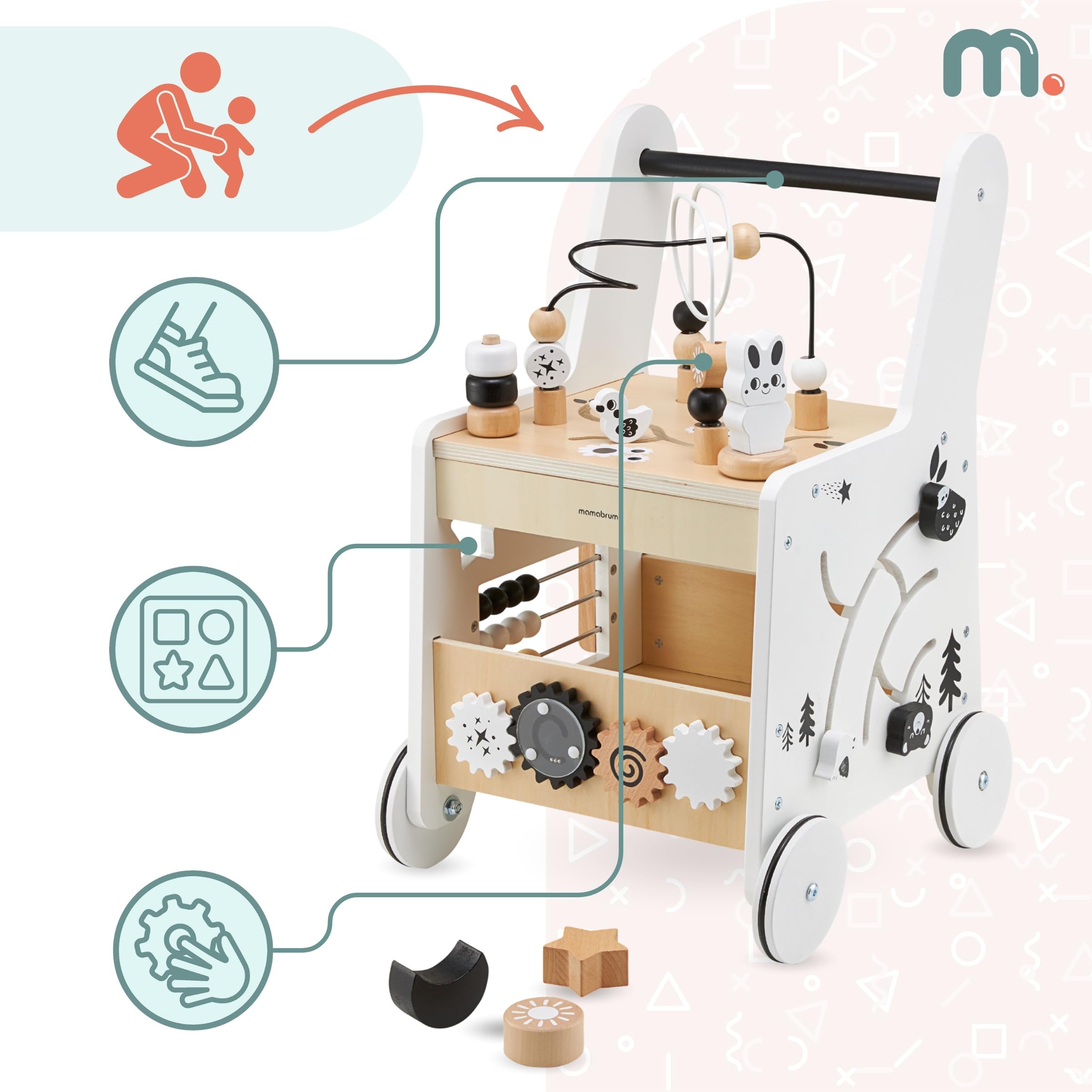 Mamabrum Caminadora y Andador Bebé 6 en 1 - Mesa Educativa de Madera con Ábaco, Engranajes y Juegos - Centro de Actividades para Primeros Pasos - 31 x 28 x 49 cm