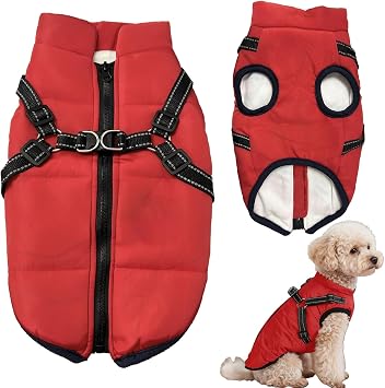 Dog Coat Waterproof with Harness, Winter Warm Fleece Jacket for Medium Large Dogs, Reflective Windproof Puppy SnowsuitRed-M