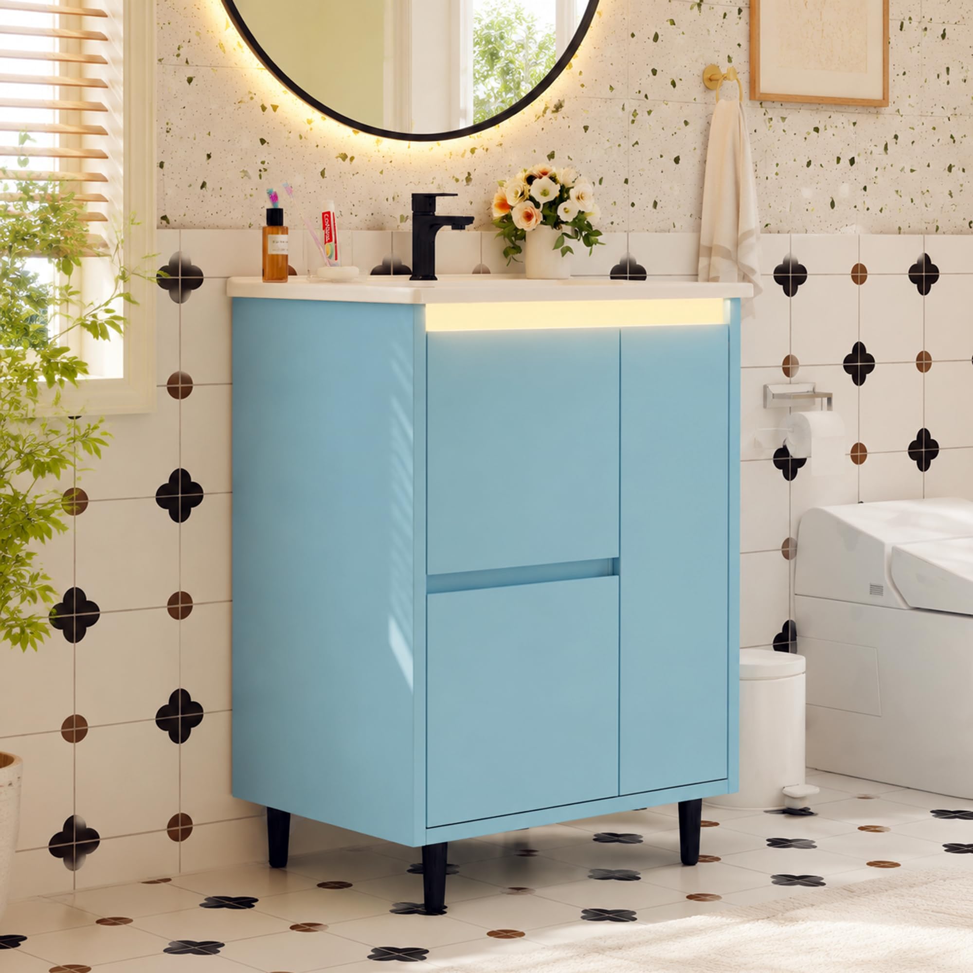 Tocador de baño independiente, 61 x 46,5 x 87 cm, lavabo de cerámica integrado, superficie completamente lacada, dos cajones, diseño de pie alto, color azul