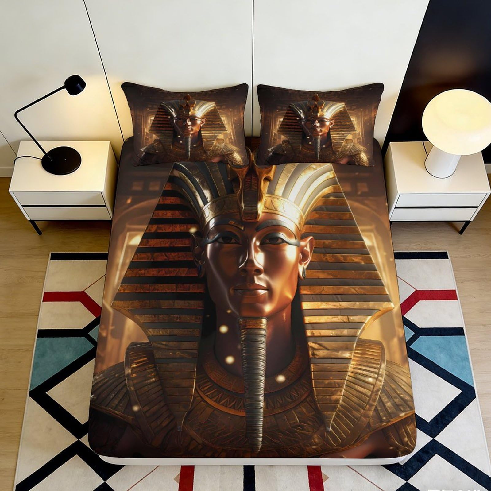 3D Printed Egyptian Pharaoh Fitted Sheet Microfiber Non-Slip Deep Pocket Ancient Egyptian Mattress Fitted Cover Bedroom 90x200x25cm