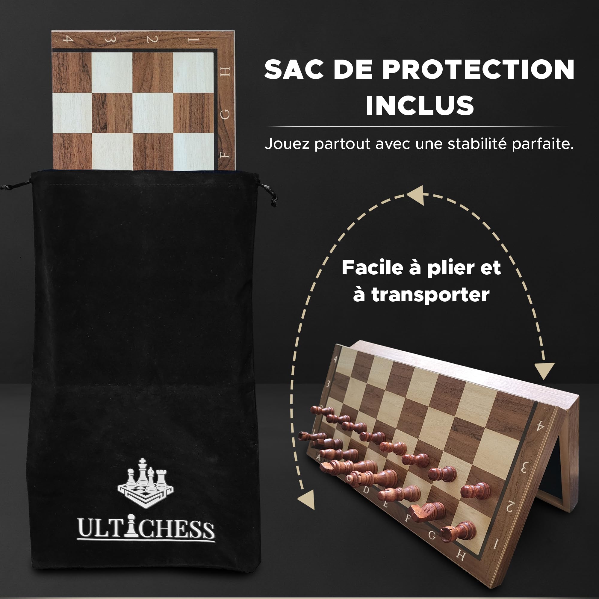 Echiquier Bois 39x39 cm Pliable | Jeu d’Échecs Magnétique et Jeu echec Pliable | Échiquier avec Sac & carnet de Partie – Cadeau éducatif, Jeu echec Adulte Enfant