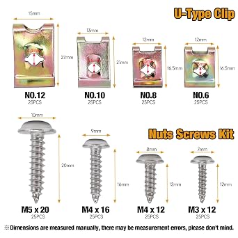 Automotive Screws and Clips, 100PCS Car UClips Nuts 6/8/10/12 Assortment Interior Trim Fasteners with Stainless Steel Screws for Dash Door Panel Interior