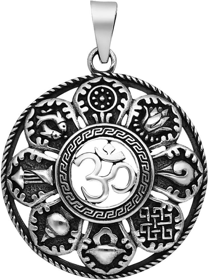 Om pendant Buddha with 8 symbols 925 sterling silver necklace pendant for ladies (30 mm)