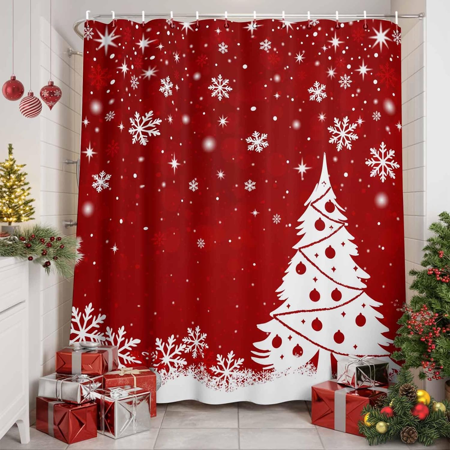Red Christmas Shower Curtains Set with Hooks - 72 x 72 Inch, Red Xmas Tree Waterproof Standard Bath Curtains, Winter Snowflake Merry Christmas Privacy Curtain Panel Bathroom Accessories for Bathtub