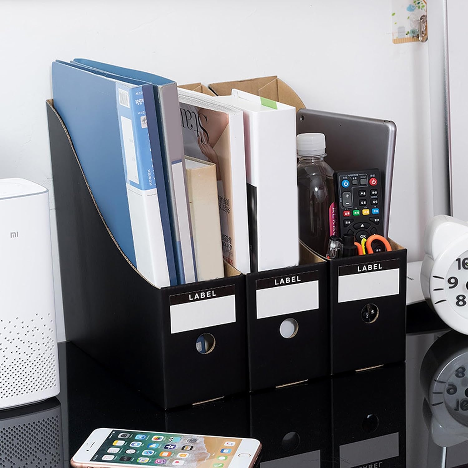 24 Pcs Black Cardboard Magazine File Holder, Foldable Magazine Holder Magazine Storage Box with Labels 10.6×10.2×3.5'' Cardboard Magazine Box for Home Office Desktop Storage