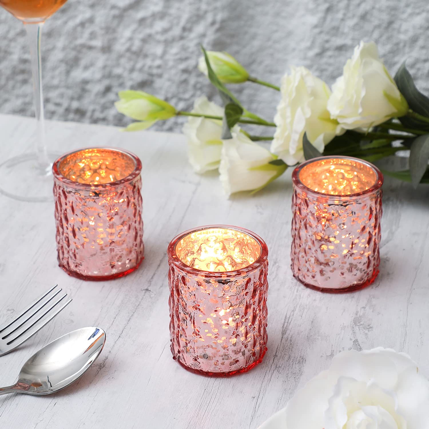 JUNDRUM Votive Candle Holders 24pcs Rose Gold Tealight Candle Holders, Mercury Candle Holder for Wedding Decor, Glass Mercury Candle Holders for Table Centerpiece