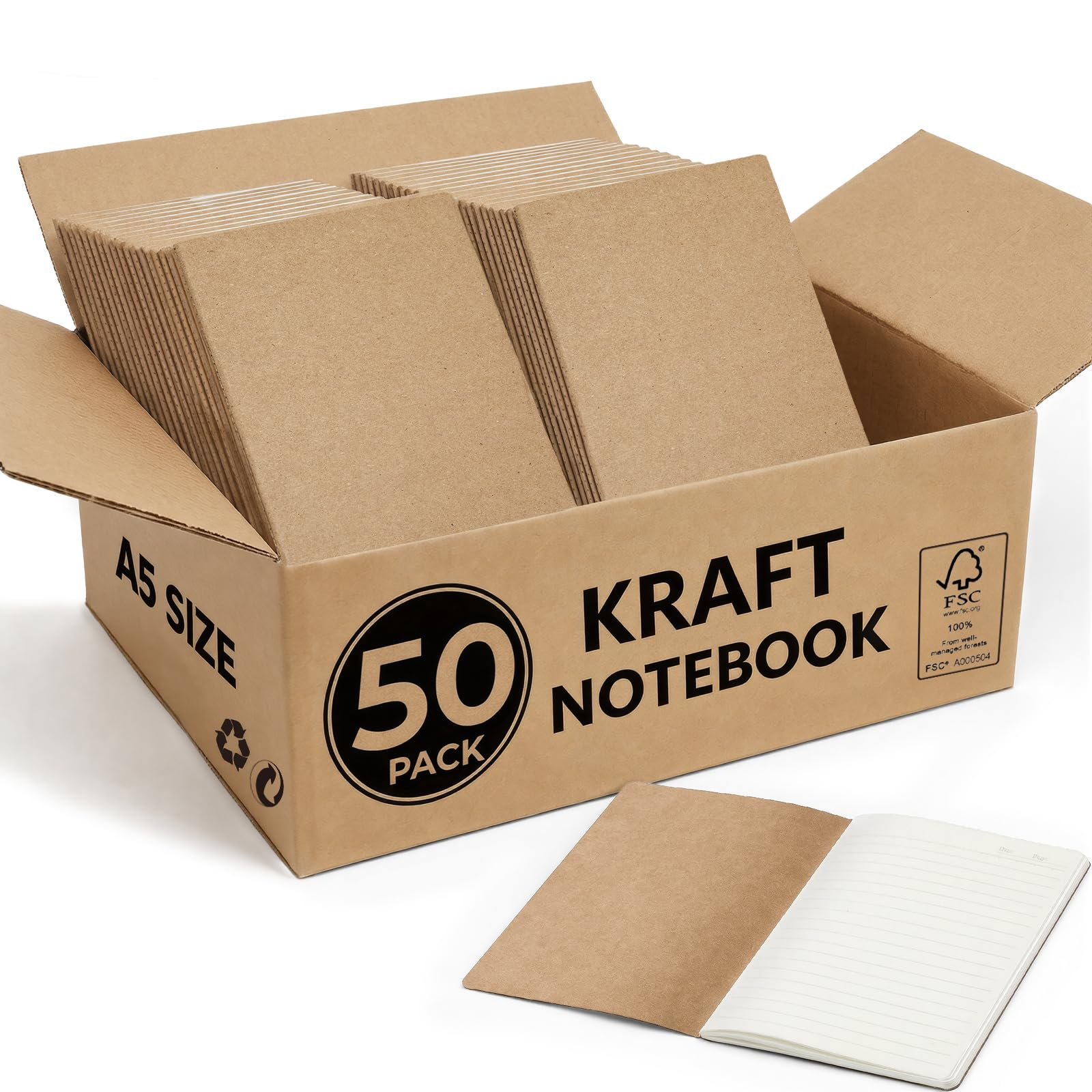 Cuaderno de notas (50 unidades, A5, papel kraft con encuadernación de hilo, 60 páginas (80 g/m²), color beige